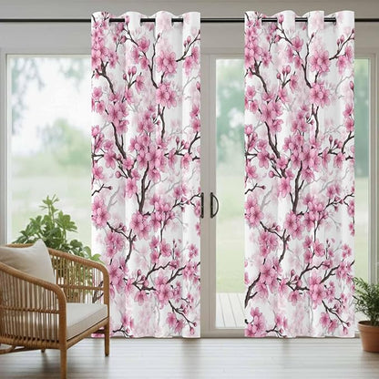 Cherry Flowers Outdoor Curtains for Patio Spring Flower Vintage Watercolor Waterproof Outside Curtains with Grommet Top Weatherproof Curtain for Cabana Pergola Gazebo, 2 Pack, 54" W x 95" L