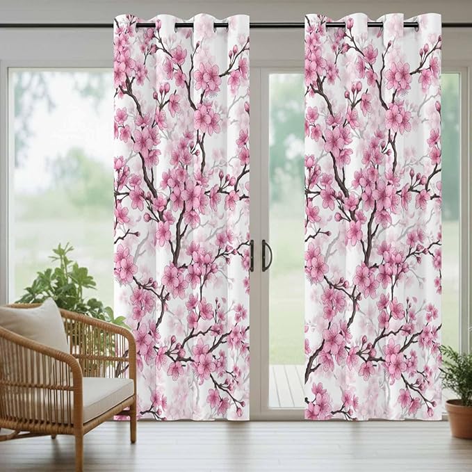 Cherry Flowers Outdoor Curtains for Patio Spring Flower Vintage Watercolor Waterproof Outside Curtains with Grommet Top Weatherproof Curtain for Cabana Pergola Gazebo, 2 Pack, 54" W x 108" L