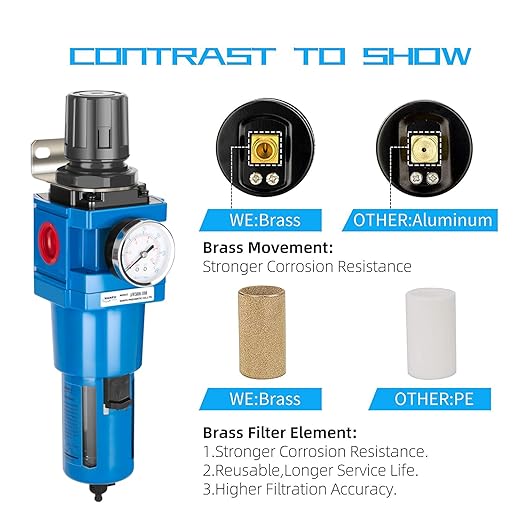 NANPU 1" NPT Compressed Air Filter Regulator Combo Piggyback, 5 Micron Brass Element, Poly Bowl, Manual Drain, Metal Bracket, 0-150 psi Gauge -AW5000-10M