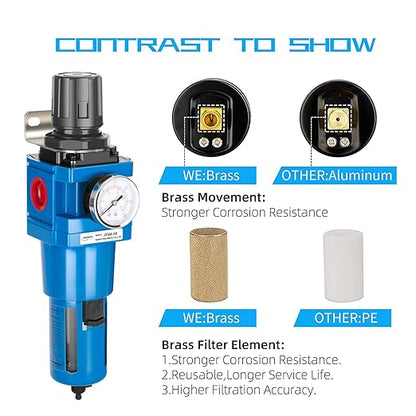 NANPU 1" NPT Compressed Air Filter Regulator Combo Piggyback, 5 Micron Brass Element, Poly Bowl, Manual Drain, Metal Bracket, 0-150 psi Gauge -AW5000-10M