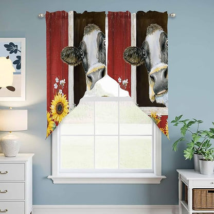 Cows Sunflowers Swag Valances for Windows, Rustic Farms Barns Flowers Bees Animals Rod Pocket Kitchen Curtains Valance, Small Window Curtains Swag for Cafe Bathroom Living Room, 2 Panels, 36x36 inch