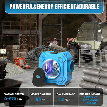 Air Scrubber with 3-Stage Filtration, 970CFM HEPA Air Scrubber Negative Air Machine with Lockable 360° Wheels & Auto-Foldable Handle, Portable Heavy Duty Air Cleaner for Home Industrial Commercial Use