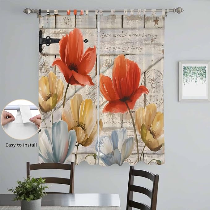 Retro Floral Living Room Curtains 84 Inch Length, Window Curtains Tab Top, Red Yellow Tulips Barm Doors Farmhouse Wooden Light Filtering Window Treatments Drapes 52"x84" 2 Panel