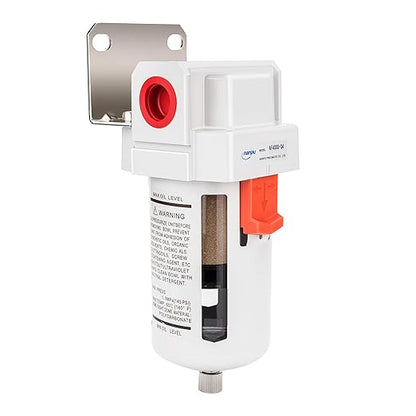 NANPU 1/2" NPT Compressed Air Line Filter, 5 Micron Brass Element, Bracket, Poly Bowl, 145 psi