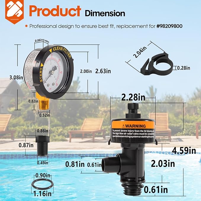 98209800 High Flow Manual Relief Valve/Air Relief Manual Valve Assembly with Pressure Gauge, Replacement for Pool and Spa Filter (1 PACK-98209800)