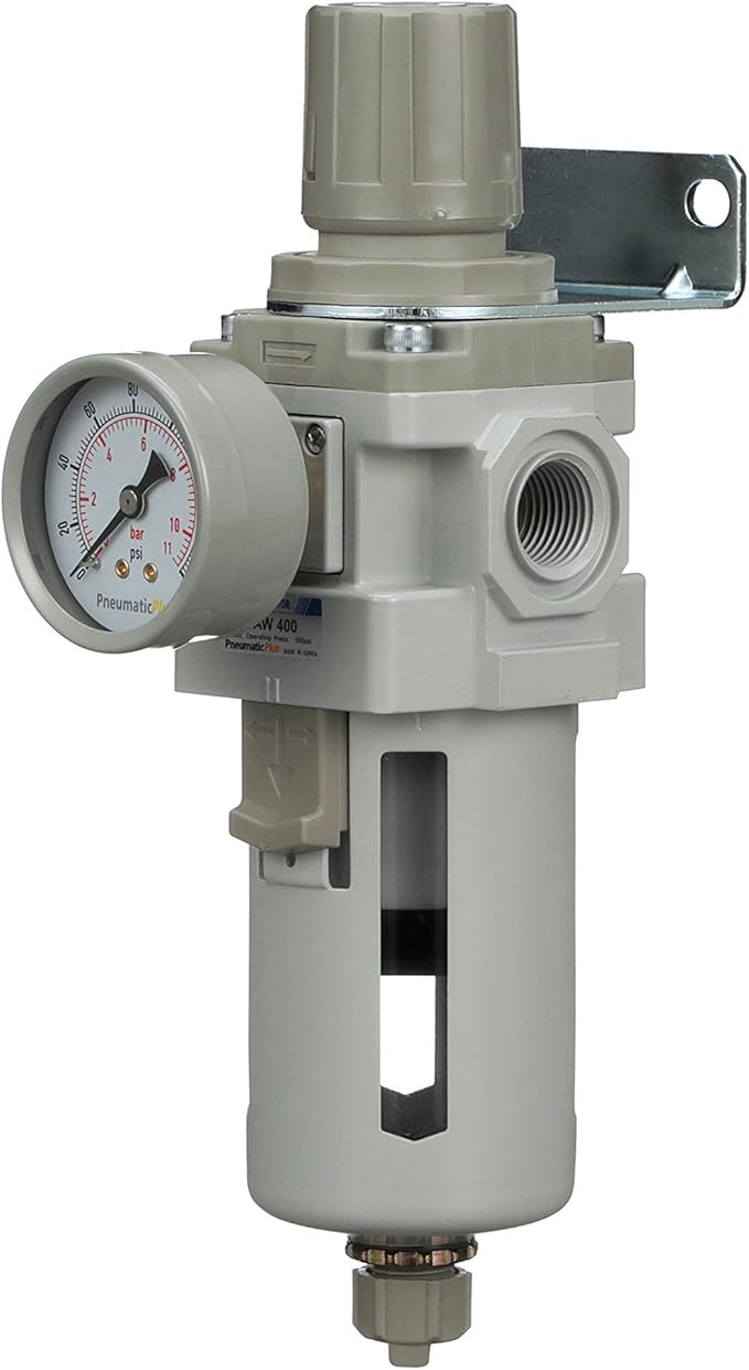 PneumaticPlus SAW400-N04BG Compressed Air Filter Regulator Piggyback Combo 1/2" NPT - Poly Bowl, Manual Drain, Bracket, Gauge