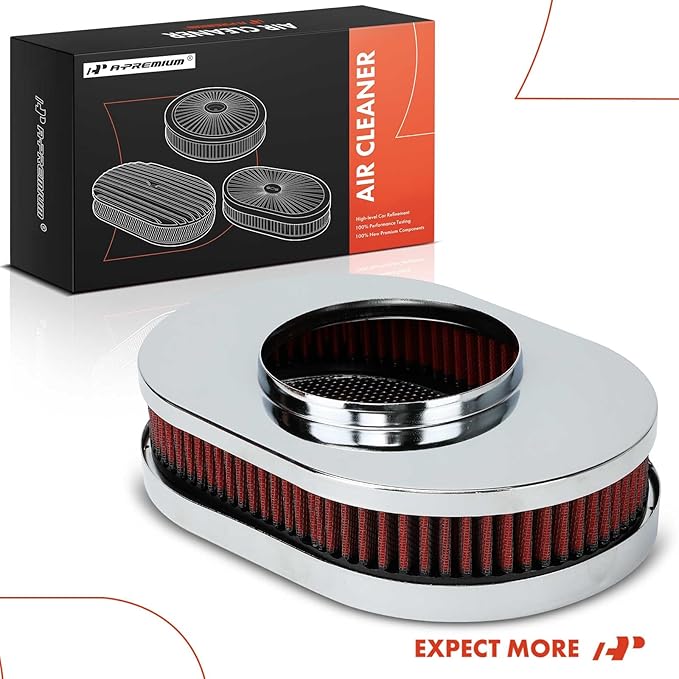 A-Premium Universal Air Cleaner Filter Assembly - 12" x 2", Oval Red Chrome Air Cleaner - Fit For 5-1/8" Carburetor Neck