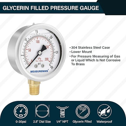 MEASUREMAN 2-1/2inch Dial Size, Oil Filled Pressure Gauge, 0-30psi/kpa, 304 Stainless Steel Case, 1/4 inchNPT Lower Mount