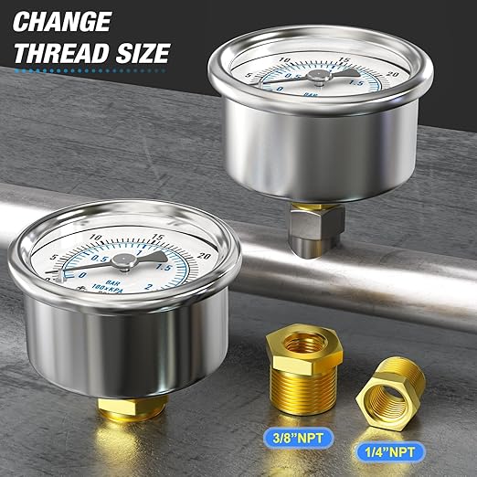 MEANLIN MEASURE 0~30Psi Dry Low Pressure Gauge Stainless Steel 1/8" NPT 2" FACE DIAL Waterproof for Pool Sand Filter Water Oil Air Pressure Test Back Mount, with 1/4" NPT and 3/8" NPT Hex Bushing