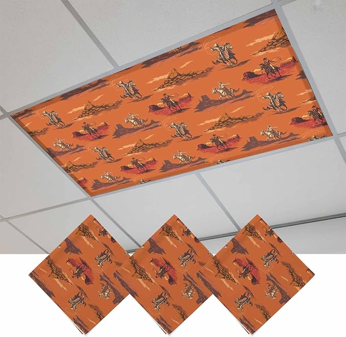 Cowboys Horses 3 Pcs Fluorescent Light Covers 4 x 2 Feet, Desert Ethnic Winds Orange Background Covers for Ceiling Lights Magnetic Light Cloth Filter for Classroom Office Home