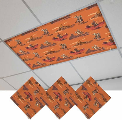 Cowboys Horses 3 Pcs Fluorescent Light Covers 4 x 2 Feet, Desert Ethnic Winds Orange Background Covers for Ceiling Lights Magnetic Light Cloth Filter for Classroom Office Home