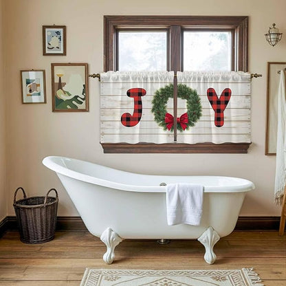 Christmas Wreaths Kitchen Tier Curtains 24 Inch Long 2 Panel Set,Rod Pocket Cafe Small Window Curtains Over Sink,Winter Bow Plaid Farmhouse Wooden Grain Short Drapes for Bathroom Cabinet 27.5"W x 24"L
