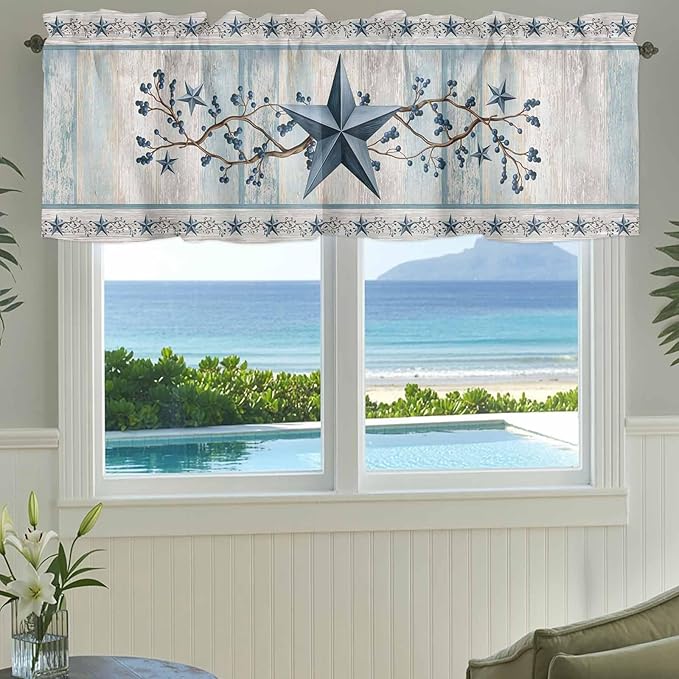 Texas Star Blue Curtain Valances for Windows, Kitchen Valance Window Treatment, Farmhouse Country Branches Wooden Grain Light Filtering Block Curtains for Bathroom/Bedroom/Living Room 42'' x 12''