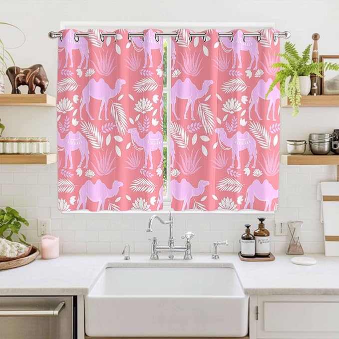 2 Panel Kitchen Cafe Curtains, Desert Camel Sunlight Filtering Nature Air Through, Window Decor Tier Curtains for Living Room 104W x 72L inch Vintage Sand Camel Leaves Flower Pattern Pink