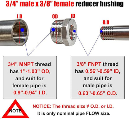 3/4" Male to 3/8" Female NPT Hex Bushing Reducer, 304 Stainless Steel NPT Reducing Adapter Pipe Fitting for Reducing Female Pipe
