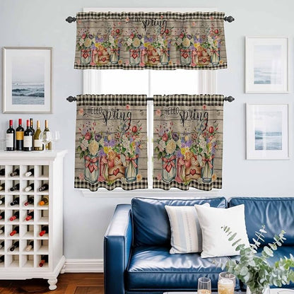 Kitchen Curtains Tiers and Valance Set of 3, Spring Flowers Light Filtering Window Curtain Set, Farmhouse Vintage Black Plaid Wood Grain Rod Pocket Curtain Drapes for Living Room, 36 Inches Tiers