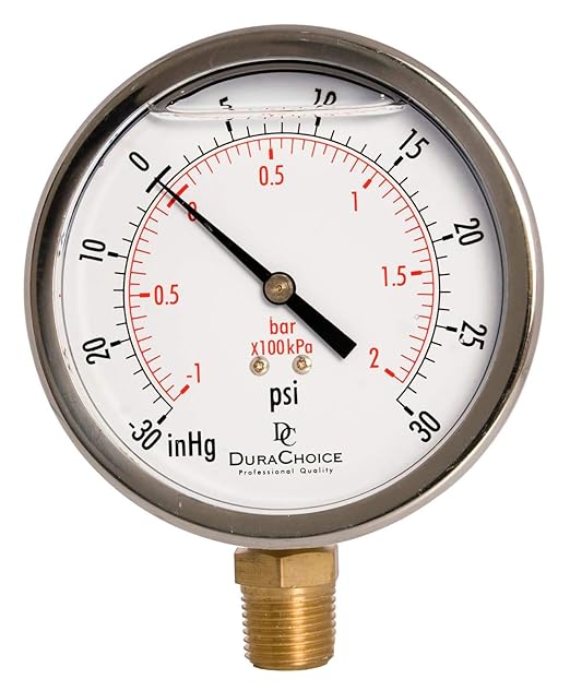 4" Oil Filled Vacuum Pressure Gauge - Stainless Steel Case, Brass, 1/2" NPT, Lower Mount Connection, 30HG/30PSI