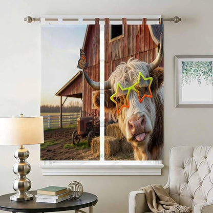 Farm Yaks Bathroom Curtains 63 Inch Length, Window Curtains Tab Top, Farmhouse Barn Funny Animals Butterfly Light Filtering Window Treatments Drapes 52"x63" 2 Panel