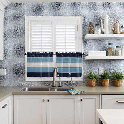 Vintage Country Woodcuts Window Valance Curtains, Blue Gradient Striped Light Filtering Kitchen Valance with 3-inch Rod Pocket for Living Room Bathroom Bedroom,2 Panel,27.5x36In