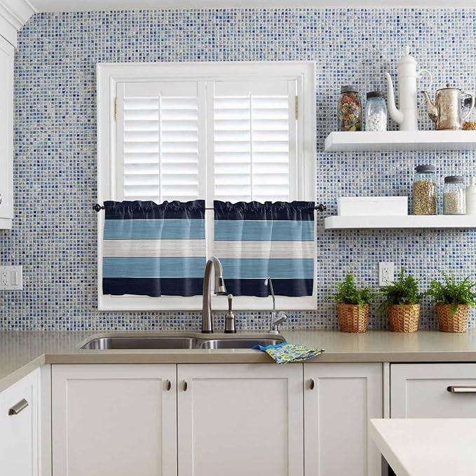Vintage Country Woodcuts Window Valance Curtains, Blue Gradient Striped Light Filtering Kitchen Valance with 3-inch Rod Pocket for Living Room Bathroom Bedroom,2 Panel,27.5x24In