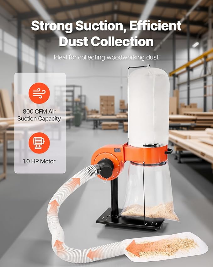 VEVOR Dust Collector, 800 CFM 2.5 Micron Vortex Cone Dust Collectors, 1HP Sawdust Collection System with 16-Gallon Large Capacity Dusts Collector Bag, Filter Bag, and Casters, 3400 RPM High Speed