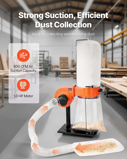 VEVOR Dust Collector, 800 CFM 2.5 Micron Vortex Cone Dust Collectors, 1HP Sawdust Collection System with 16-Gallon Large Capacity Dusts Collector Bag, Filter Bag, and Casters, 3400 RPM High Speed