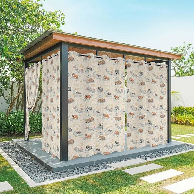 Cartoon Animals Outdoor Curtains for Patio Raccoons Rabbits Moon Linen Texture Waterproof Outside Curtains with Grommet Top Weatherproof Curtain for Cabana Pergola Gazebo, 2 Pack, 54" W x 108" L
