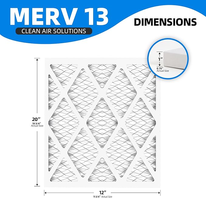 (6 Pack) 12x20x1 Air Filter, MPR 1900 & FPR 10, MERV 13 Pleated Air Filter (Actual Size: 11.75x19.75x0.75 inch)