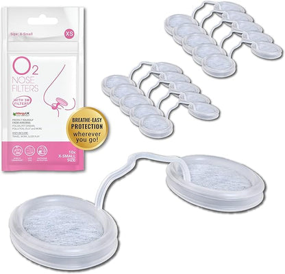 O2 Nose Filters with 3M Filtration - Nasal Screens for Allergies, Dust & Smoke - Drug-Free & Latex-Free Nose Filters - Invisible Allergy Protection (X-Small x 10)