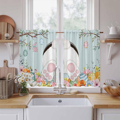 Easter Bunny Kitchen Curtains 54 Inch Long 2 Panel Set,Rod Pocket Window Curtains Panels,Easter Eggs Spring Farmhouse Wood Grain Teal Blue Light Filtering Privacy Draperies for Bedroom 42"W x 54"L