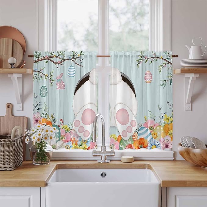 Easter Bunny Kitchen Tier Curtains 45 Inch Long 2 Panel Set,Rod Pocket Short Window Treatment,Easter Eggs Spring Farmhouse Wood Grain Teal Blue Light Filtering Curtains & Drapes 27.5"W x 45"L