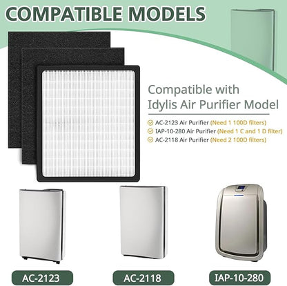 Replacement Filters D for Idylis IAF-H-100D AC-2118 AC-2123 IAP-10-280 IAP10280 Idylis Air Purifiers D Type， Includes 2 HEPA Filter & 4 Carbon Filters