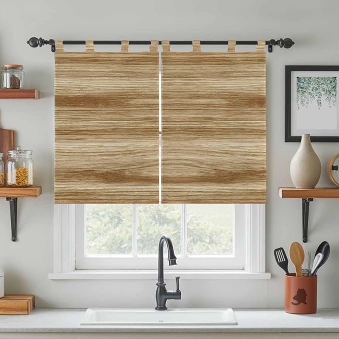 Light Brown Wood Grain Bedroom Curtains 63 Inch Length, Window Curtains Tab Top, Western Farmhouse Barn Door Light Filtering Window Treatments Drapes 42"x63" 2 Panel