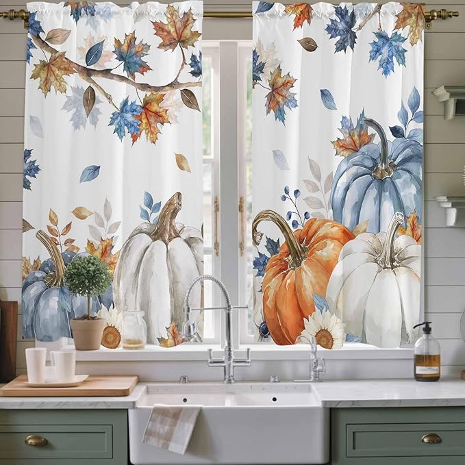 Navy Blue Pumpkin Fall Window Curtains 63 Inch Long 2 Panel Set, Rod Pocket Bedroom Curtains & Drapes, Thanksgiving Maple Leaves Branches Light Filtering Window Treatment for Living Room 42"W x 63"L