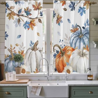 Navy Blue Pumpkin Fall Window Curtains 63 Inch Long 2 Panel Set, Rod Pocket Bedroom Curtains & Drapes, Thanksgiving Maple Leaves Branches Light Filtering Window Treatment for Living Room 42"W x 63"L