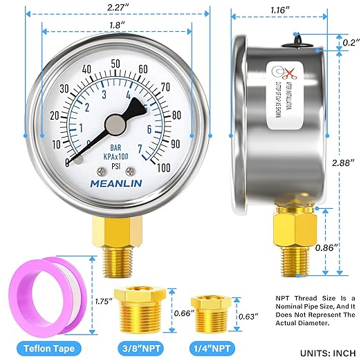 MEANLIN MEASURE 0~100Psi Dry Pressure Gauge Stainless Steel 1/8" NPT 2" FACE DIAL Waterproof for Well Pump Water Tire Water Pressure Tester Lower Mount with 1/4" NPT and 3/8" NPT Hex Bushing