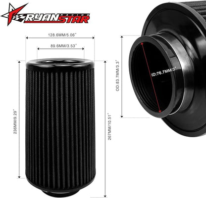 RYANSTAR 76mm 3" High Flow Round Tapered Cone Cool Air Filter Cleaner with Top Filter Design Long 270mm tall Black
