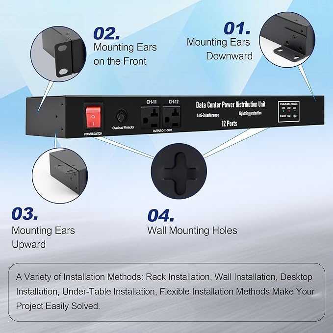 1U PDU Network Servers Surge Protector Power Distribution Unit 12-Outlet, 120V 20A, 3600 Joules 10KA,19″ Rack Mount Power Strip,Heavy-Duty 12AWG 16 ft Cord,w/AC Filter