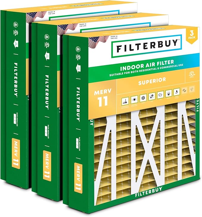 Filterbuy 21x21.5x5 Air Filter MERV 11 Superior Pet & Allergy Defense (3-Pack), Pleated HVAC AC Furnace Filters for Trane Perfect Fit & American Standard (Actual Size: 20.00 x 21.09 x 4.97)