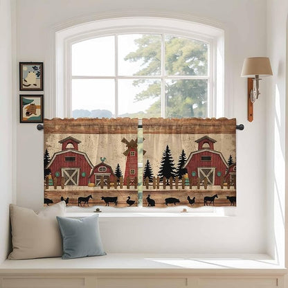 Brown Farmhouse Tier Curtains, Vintage Country Animals Wooden Grain Light Filtering Kitchen Curtains, 2Pcs Rod Pocket Half Window Treatments Panels for Sink Cafe Cabinet Camper 27.5x24 Inches