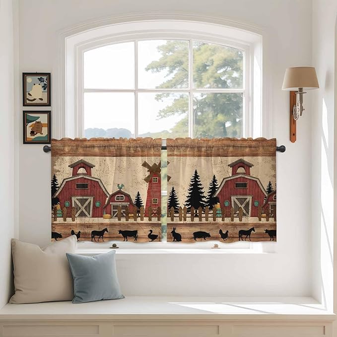Brown Farmhouse Tier Curtains, Vintage Country Animals Wooden Grain Light Filtering Kitchen Curtains, 2Pcs Rod Pocket Half Window Treatments Panels for Sink Cafe Cabinet Camper 27.5x36 Inches