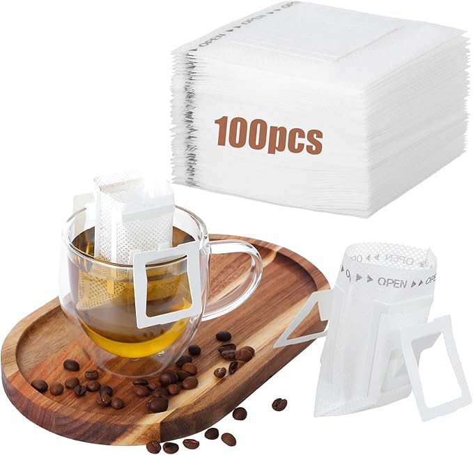 Sibba 100 PCS Portable Coffee Filter Bag with Hanging Ear Design Disposable Drip Coffee Filter Paper Bag Single Serve Pour Over Coffees Filters Paper Bags for Travel Camping Office & Home Brewing
