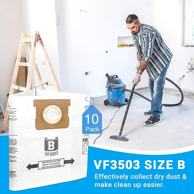 VF3503 Vacuum Bags Compatible with Ridgid 5 to 10 Gallon Wet/Dry Vacs, Size B(10 Pack)