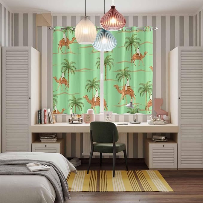 2 Panel Kitchen Cafe Curtains, Desert Camels Sunlight Filtering Nature Air Through, Home Decor Window Covering Tier Curtains for Living Room 104W x 84L inch Tropical Date Palm Trees Animal Green