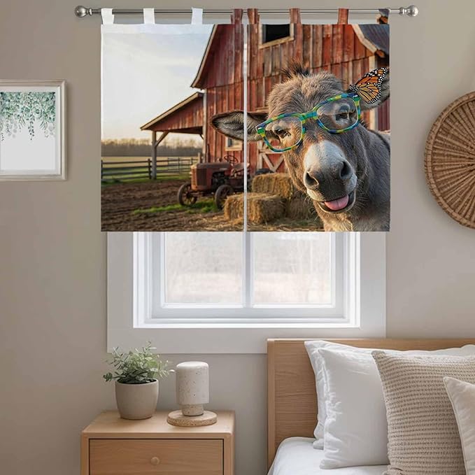 Farm Donkeys Kitchen Curtains 45 Inch Length, Short Cafe Window Curtains Tab Top, Farmhouse Barn Funny Animals Butterfly Light Filtering Window Treatments Tier Drapes 27.5"x45" 2 Panel