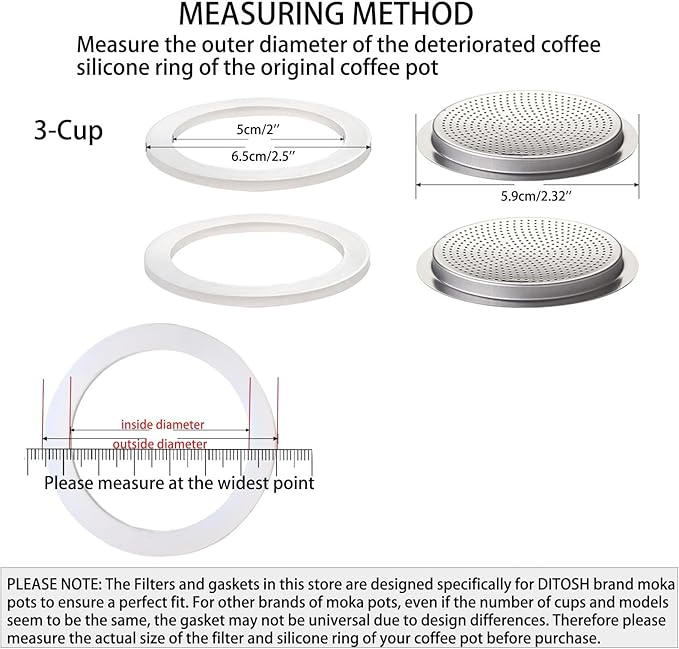 2 Pcs Filter with 3 Pcs Silicone Gasket Seals for 3 Cup Stovetop Espresso Coffee Maker Replacement Parts for DITOSH Aluminium Moka Pot