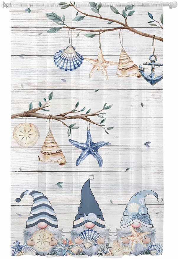 Sheer Curtains 108 Inches Long, Coastal Eucalyptus Semi Sheer Curtains Light Filtering Window Treatment, Ocean Blue Gnomes Starfish Leaf Wood Grain Privacy Voile Drapes for Living Room 52x108 Inch