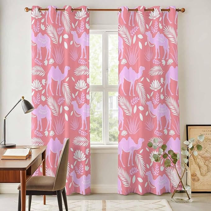 2 Panel Kitchen Cafe Curtains, Desert Camel Sunlight Filtering Nature Air Through, Window Decor Tier Curtains for Living Room 104W x 90L inch Vintage Sand Camel Leaves Flower Pattern Pink