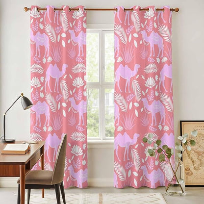 2 Panel Kitchen Cafe Curtains, Desert Camel Sunlight Filtering Nature Air Through, Window Decor Tier Curtains for Living Room 104W x 90L inch Vintage Sand Camel Leaves Flower Pattern Pink