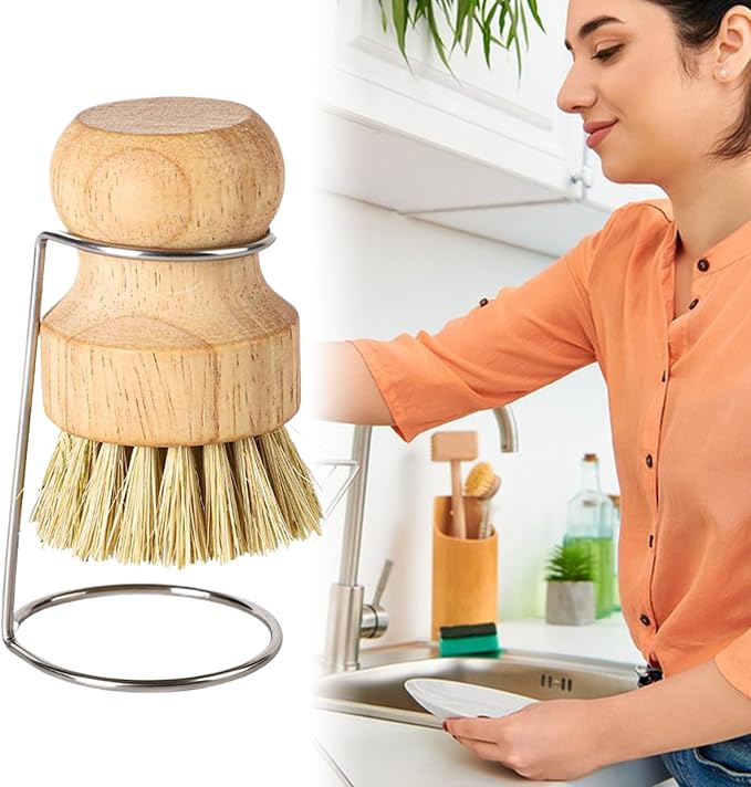 Kitchen Brush, Scrubber Cleaner with Wooden Handle and Drain Rack, Dish Scrubber for Sink Pots Pans Shower Bathroom Grout Tile Washing